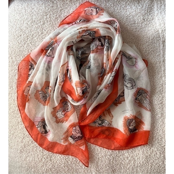 BCBGMaxAzria White Orange Fashion Sketch Faces Semi Sheer 100% Silk Scarf Wrap - Picture 2 of 6